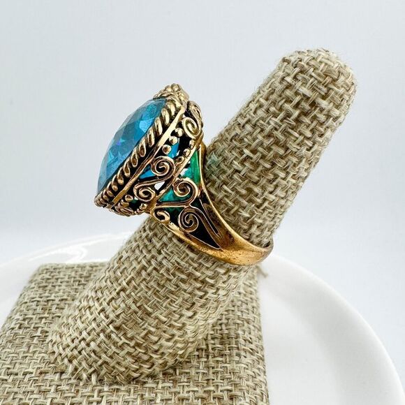 Vintage Sajen Bronze Filigree Heart Ring Dream Blue CZ Retro Glam Modern Chunky - Picture 10 of 14